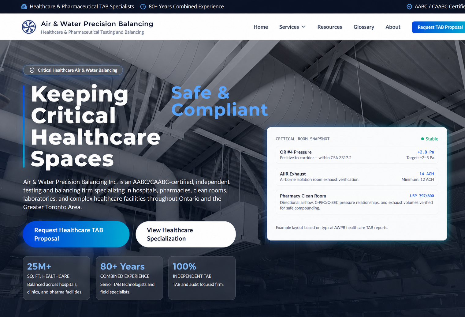 Air & Water Precision Balancing website hero with a healthcare compliance dashboard